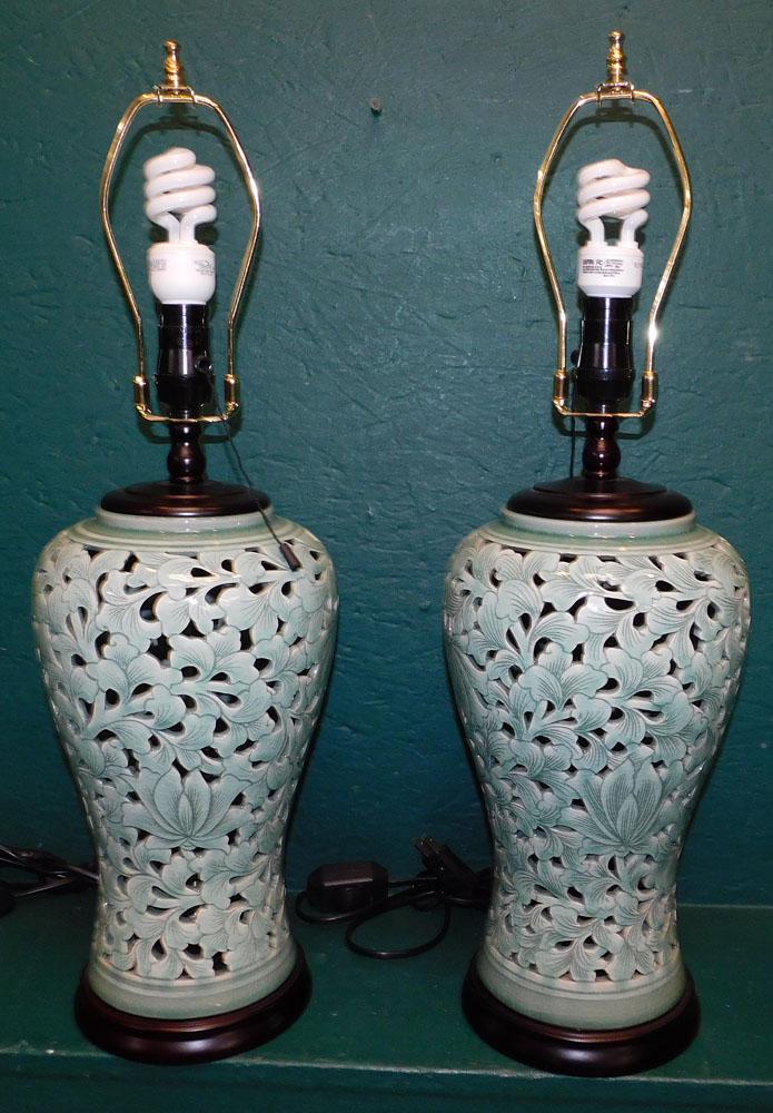 Pair of Porcelain Celadon Style Open Work Vases Made Into Lamps (1 of 2)
