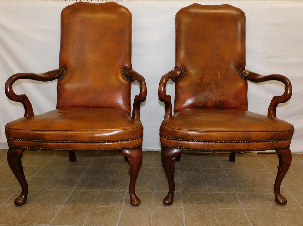 Pair of Mahogany & Leather Upholstered Queen Anne Style Arm Chairs (1 of 6)
