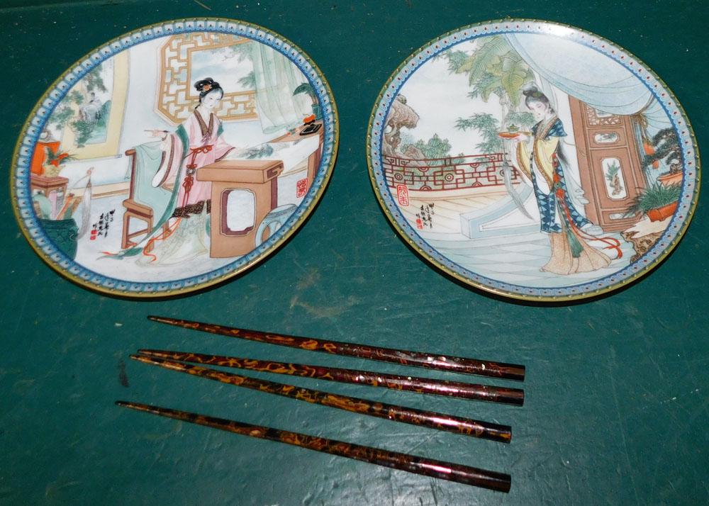 4 Mother of Pearl Inlaid Chopsticks & 2 Oriental Porcelain Plates: 4 Mother of Pearl Inlaid Chopsticks & 2 Oriental Porcelain Plates . 8 1/2" Dia