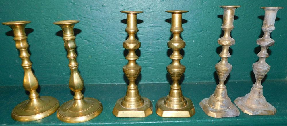 3 Pairs of Antique Brass Candlesticks, (2 Push Up) (1 of 4)