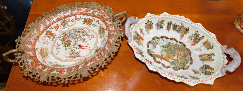 Paint Decorated Porcelain Bronze Compote & Satsuma Style Porcelain 2 Handled Bowl (1 of 8)