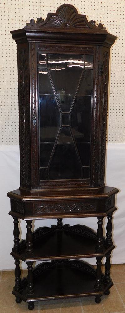 Antique Carved Oak Glass Door Corner Cabinet (1 of 6)
