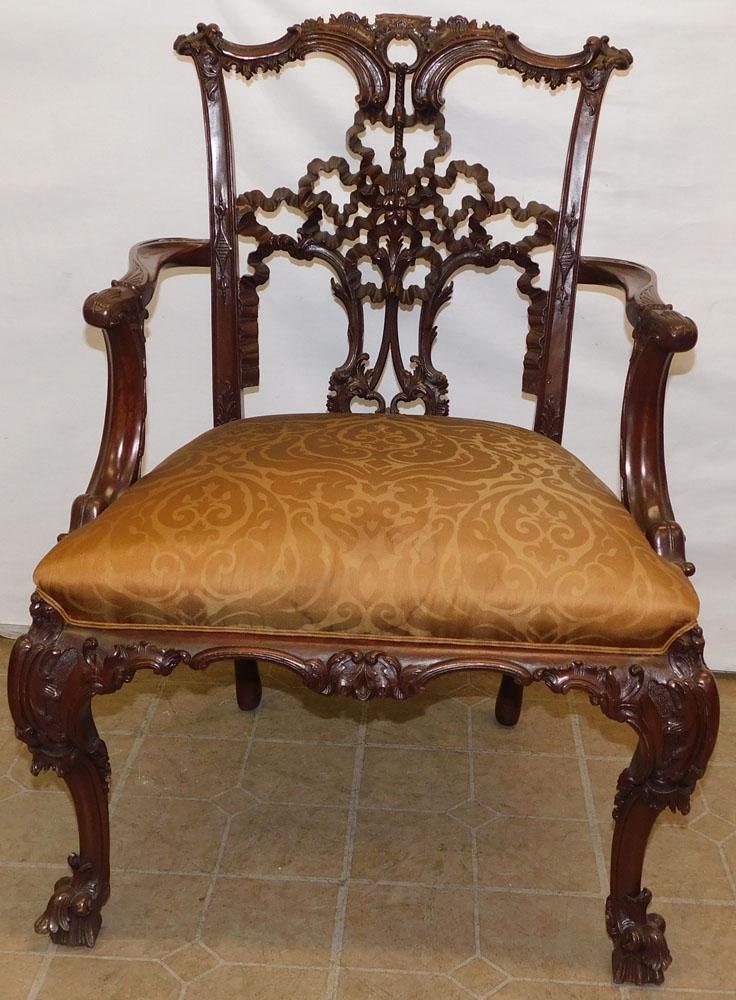 Heavily Carved Mahogany Irish Chippendale Arm Chair with Claw Feet: Heavily Carved Mahogany Irish Chippendale Arm Chair with Claw Feet. 37 3/4" H