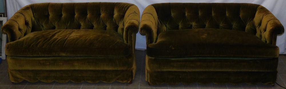 Pair of Mid Century Modern Button & Tufted Green Velvet Loveseats W/ Down Cushions by Henredon (1 of 7)