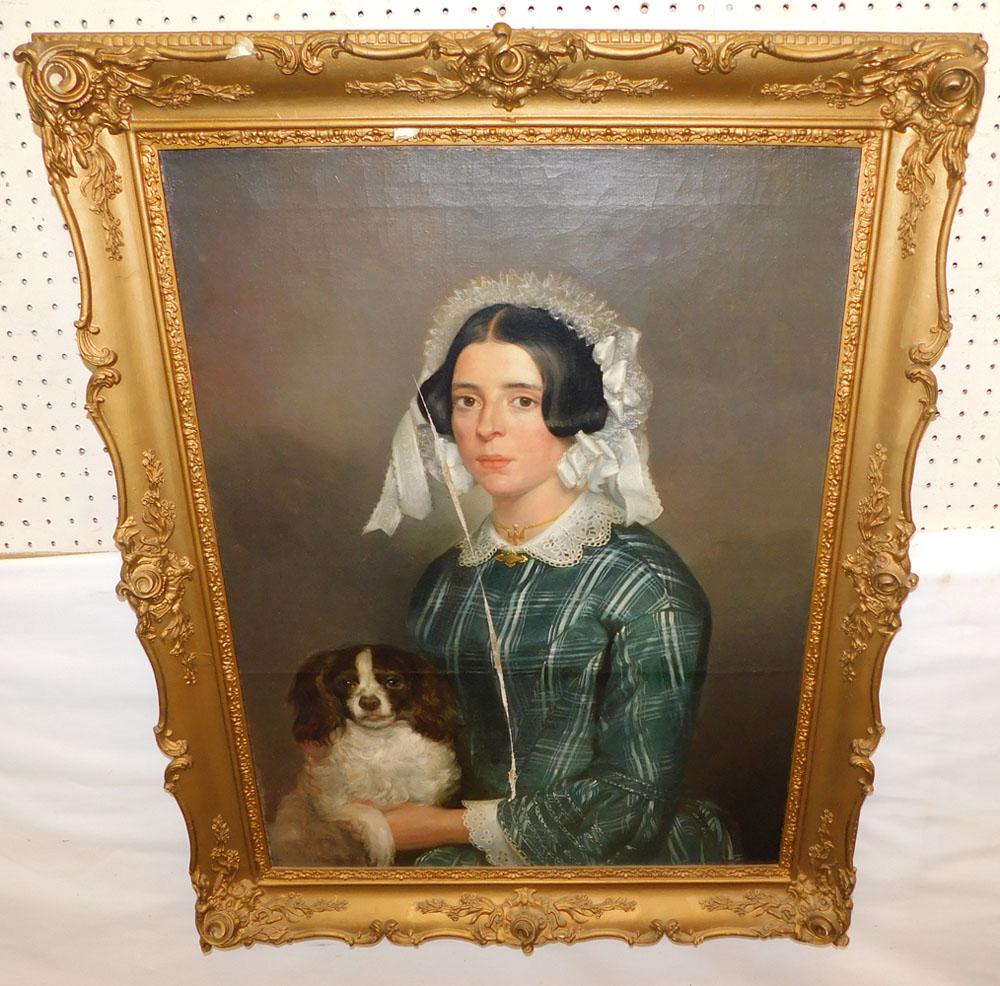 19th C Oil On Canvas Lady & Dog In Ornate Frame (Canvas Scratched) (1 of 7)