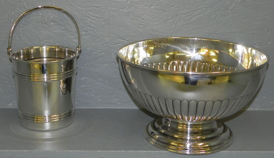 Silver plate punch bowl & bucket.: Silver plate punch bowl and bucket.