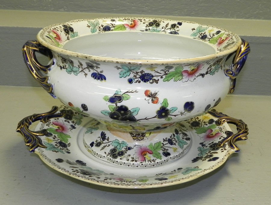 Ironstone open tureen w/ under plate - "Bombay": Ironstone open tureen with under plate in Bombay pattern.