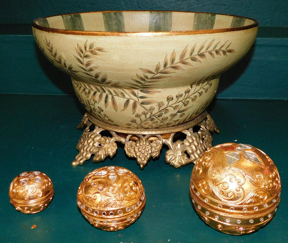 Paint Decorated Bowl on Brass Grape & Cable Stand (1 of 4)