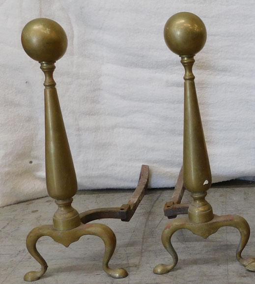 Pair of Antique Brass Cannonball Andirons: Pair of Antique Brass Cannonball Andirons . 20" H ALL DESCRIPTIONS AND ANY CONDITION STATEMENT GIVEN BY LANGSTON AUCTION GALLERY ARE STRICTLY OPINIONS AND LANGSTON'S SHALL HAVE NO RESPONSIBILITY FOR E