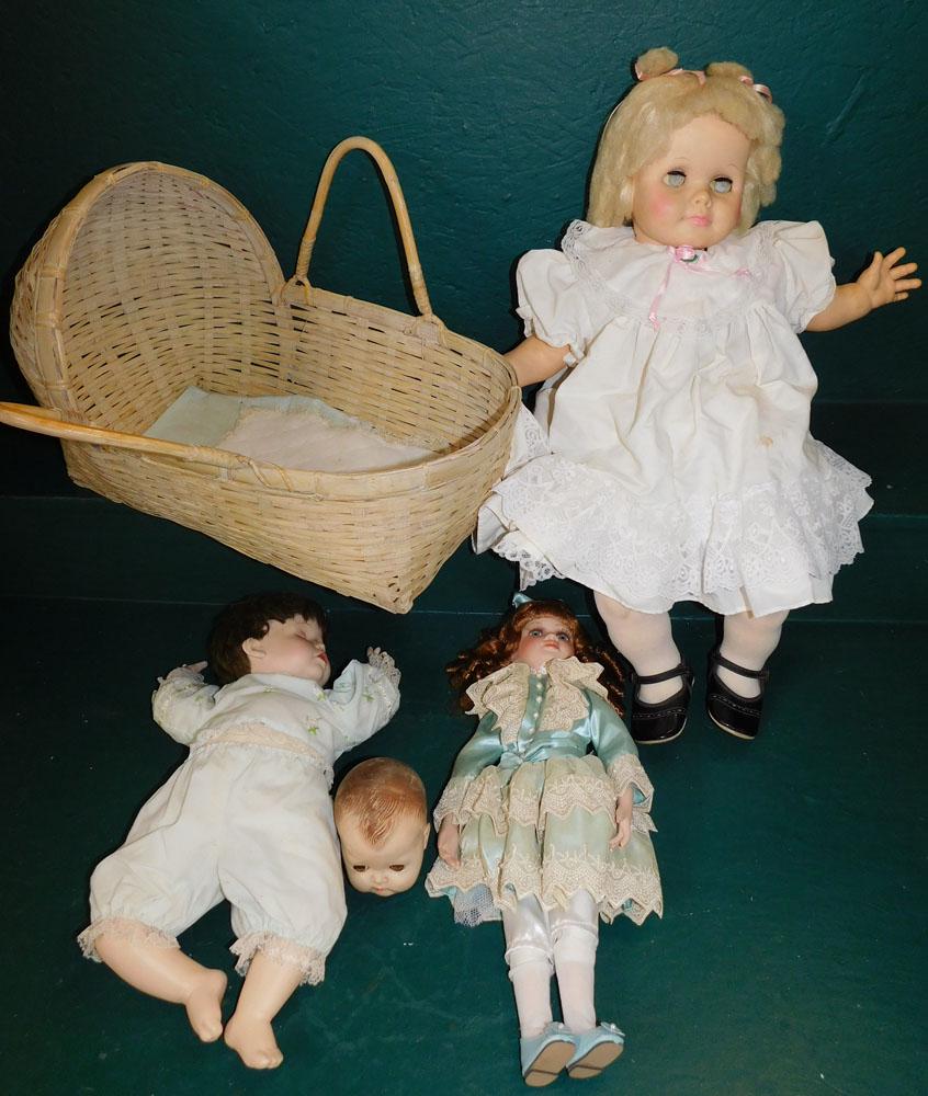 Lot of Vintage & Porcelain Dolls & Composition Doll Head in Wicker Doll Bed (1 of 5)