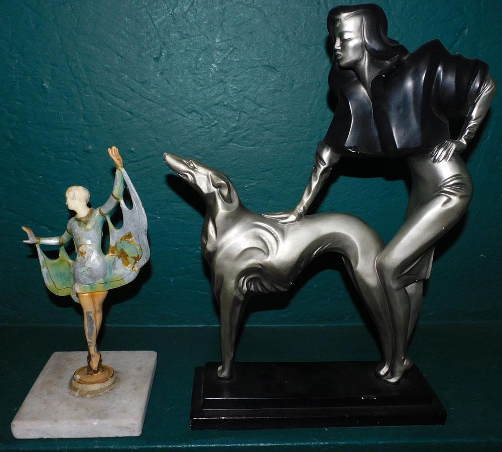 Painted Ceramic Sculpture of Lady with Dog & Painted Metal Marble Base Ballerina (1 of 5)