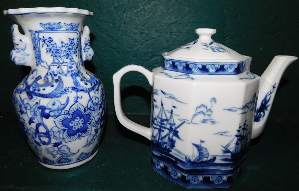 Oriental Porcelain Blue & White Tea Pot & Vase (1 of 3)