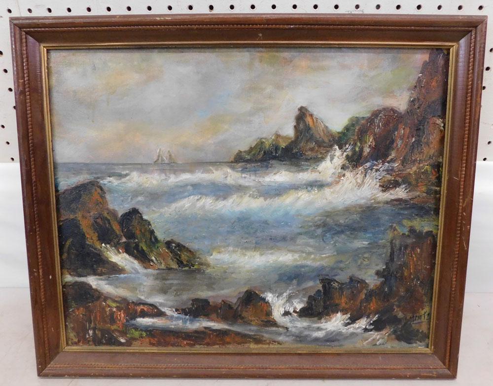 Framed Oil on Board of Rough Seas Signed (1 of 5)