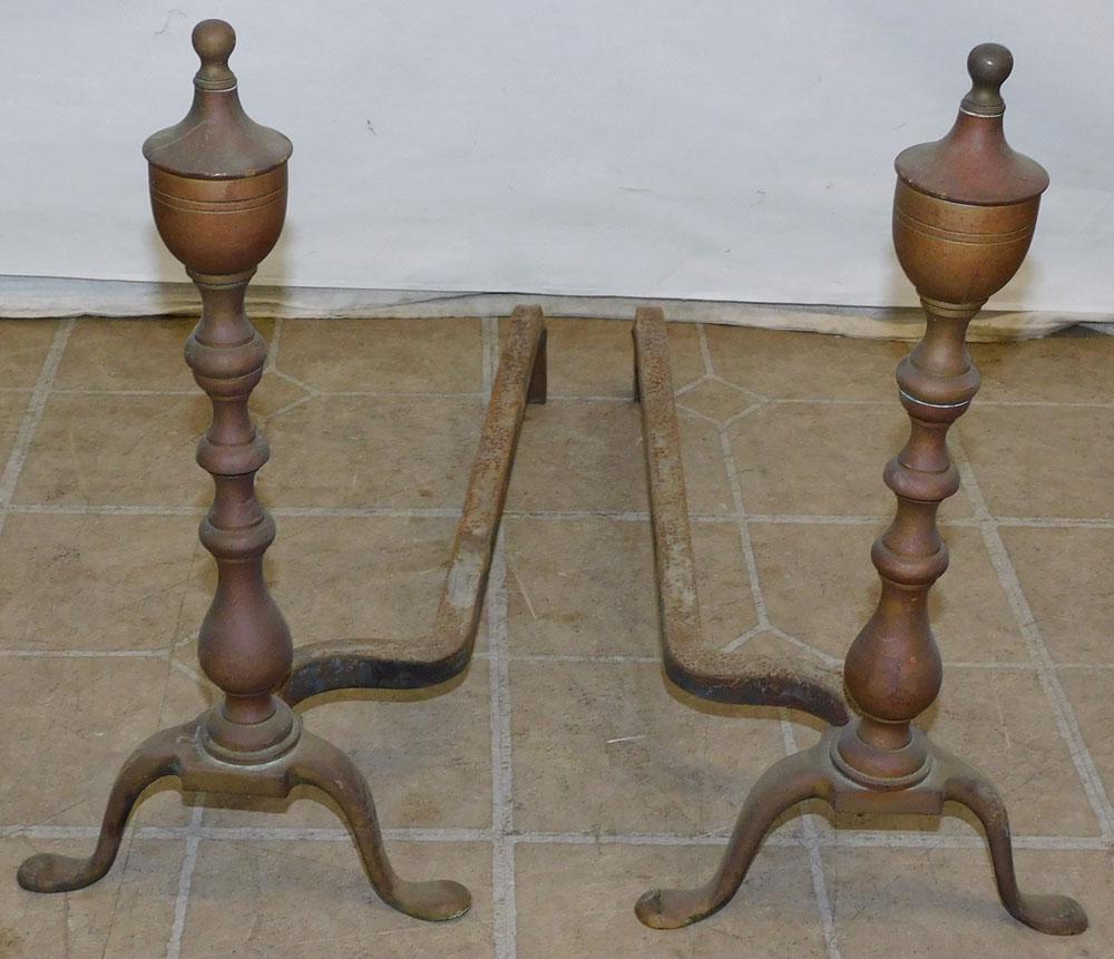 Pair of Antique Brass Andirons: Pair of Antique Brass Andirons . 17" H ALL DESCRIPTIONS AND ANY CONDITION STATEMENT GIVEN BY LANGSTON AUCTION GALLERY ARE STRICTLY OPINIONS AND LANGSTON'S SHALL HAVE NO RESPONSIBILITY FOR ERRORS OR OM