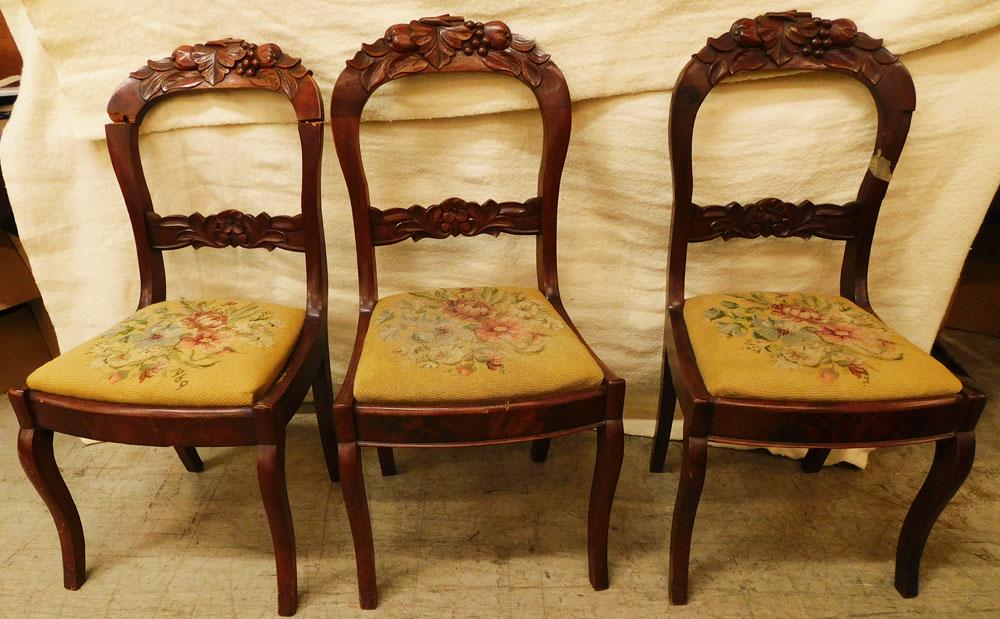 3 Carved Mahogany Needlepoint Seat Upholstered Victorian Side Chairs (1 of 4)