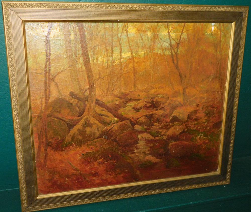 Large Antique Framed Oil on Canvas Forest Scene (1 of 2)