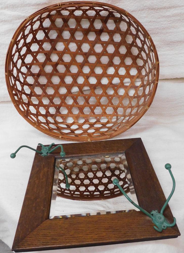 Antique Oak Wall Mirror & Basket (1 of 2)