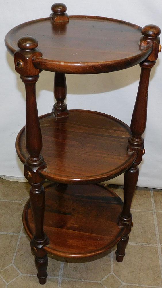 Pine Three Tier Stand: Pine Three Tier Stand. 28 1/4" H ALL DESCRIPTIONS AND ANY CONDITION STATEMENT GIVEN BY LANGSTON AUCTION GALLERY ARE STRICTLY OPINIONS AND LANGSTON'S SHALL HAVE NO RESPONSIBILITY FOR ERRORS OR OMISSION