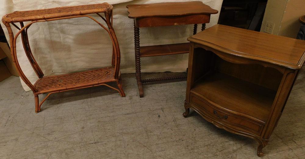 French Walnut Night Stand - Walnut Console - Wicker Console: French Walnut Night Stand - Walnut Console - Wicker Console. 30" W 12 1/4" D 30 1/4" H ALL DESCRIPTIONS AND ANY CONDITION STATEMENT GIVEN BY LANGSTON AUCTION GALLERY ARE STRICTLY OPINIONS AND LANGSTON