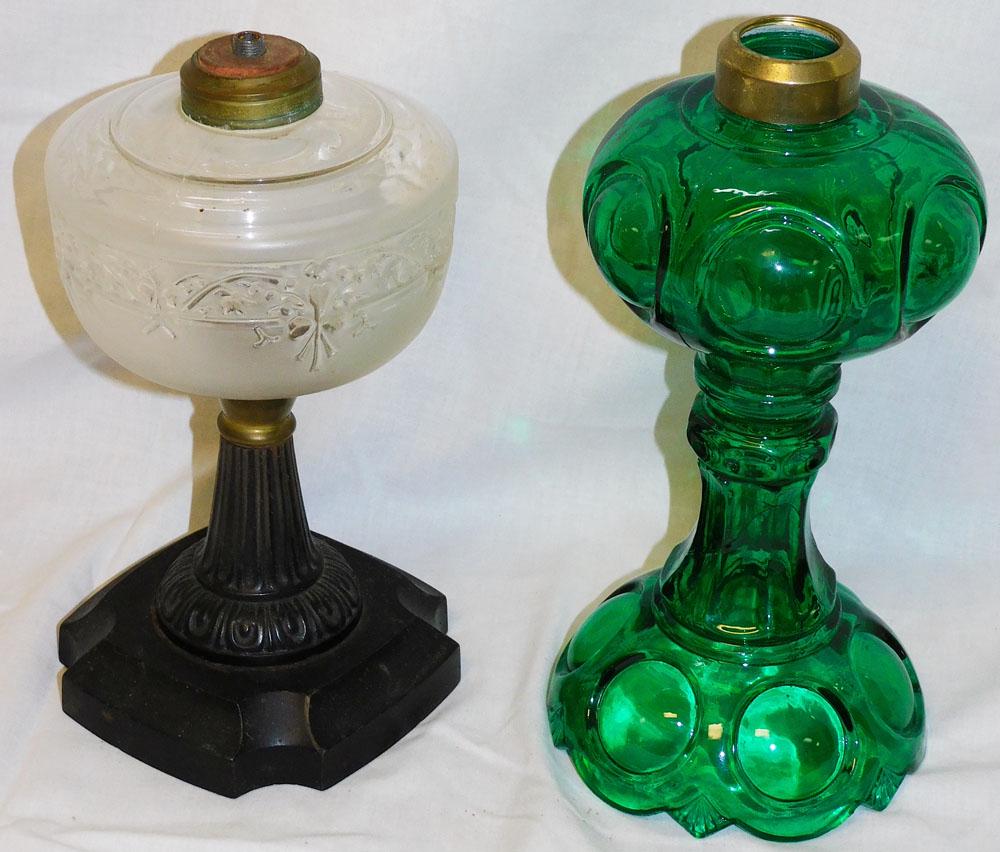 2 Antique Oil Lamp Bases, (1 Emerald Green): 2 Antique Oil Lamp Bases, (1 Emerald Green). Up to 10" H ALL DESCRIPTIONS AND ANY CONDITION STATEMENT GIVEN BY LANGSTON AUCTION GALLERY ARE STRICTLY OPINIONS AND LANGSTON'S SHALL HAVE NO RESPONSIBILIT