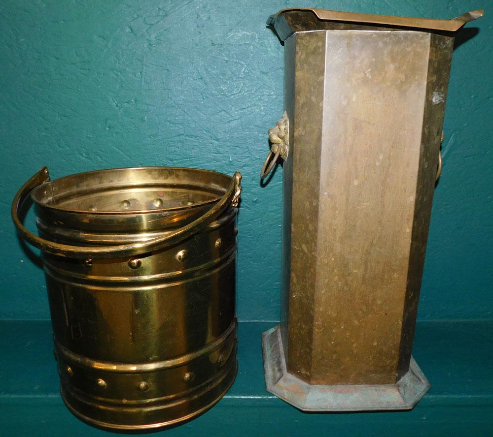 Brass Umbrella Stand & Bucket: Brass Umbrella Stand & Bucket. Up to 22 1/4" H ALL DESCRIPTIONS AND ANY CONDITION STATEMENT GIVEN BY LANGSTON AUCTION GALLERY ARE STRICTLY OPINIONS AND LANGSTON'S SHALL HAVE NO RESPONSIBILITY FOR ERRO