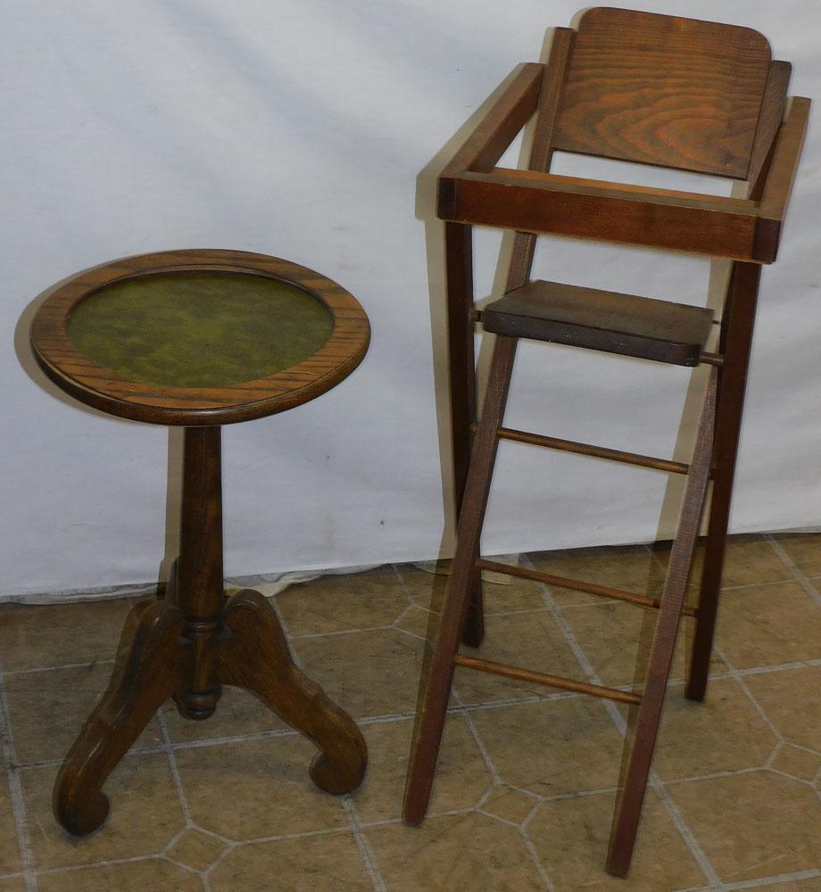 Doll High Chair & Whiskey Stand: Doll High Chair & Whiskey Stand. Up to 28" H ALL DESCRIPTIONS AND ANY CONDITION STATEMENT GIVEN BY LANGSTON AUCTION GALLERY ARE STRICTLY OPINIONS AND LANGSTON'S SHALL HAVE NO RESPONSIBILITY FOR ERRORS