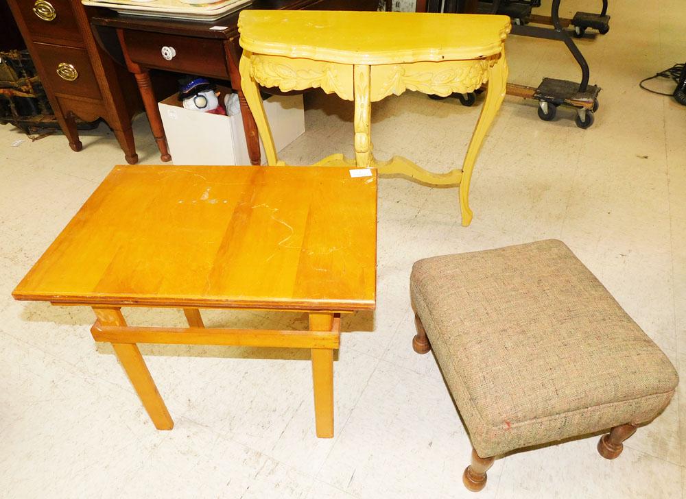 Small Painted Wood Carved Console - Pine Table - Upholstered Foot Stool (1 of 3)