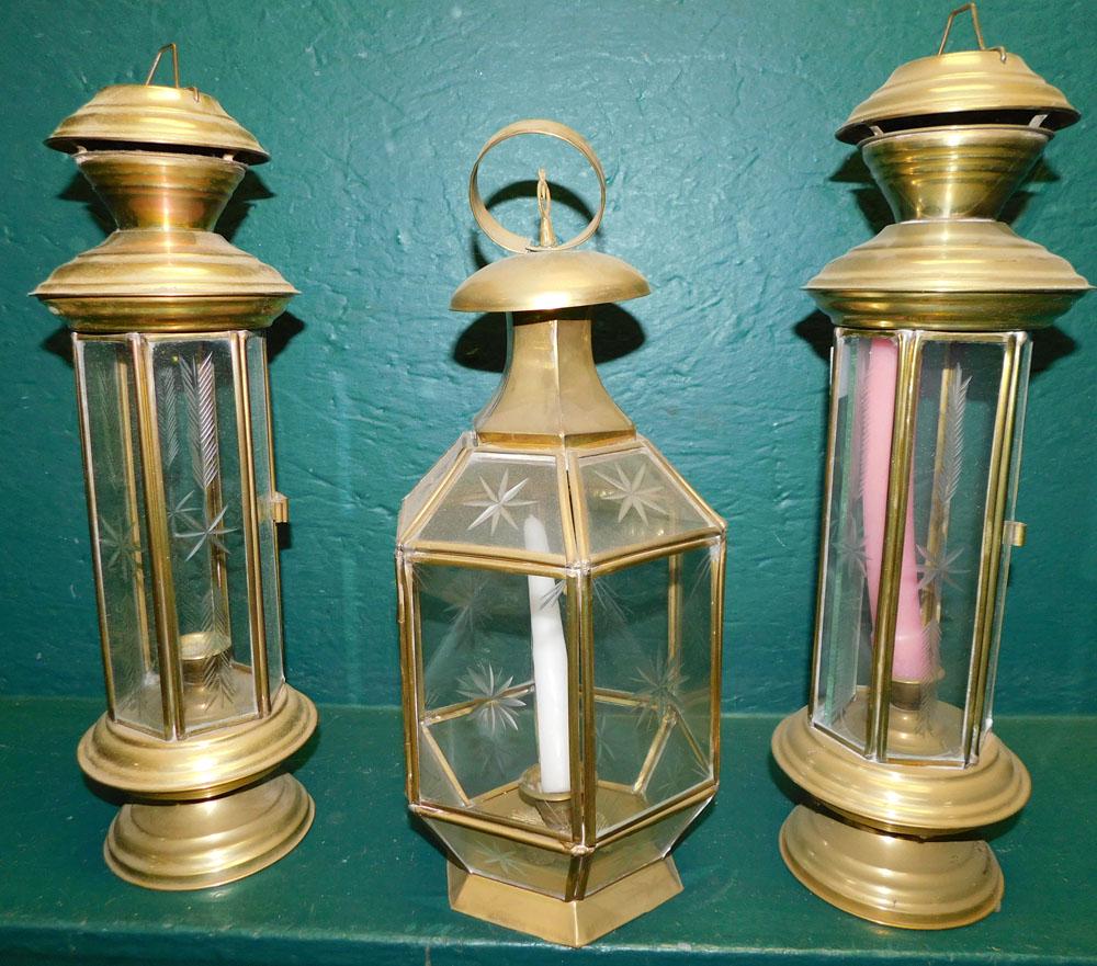 3 Brass & Etched Glass Lanterns: 3 Brass & Etched Glass Lanterns . Up to 15 1/2" H "ALL DESCRIPTIONS AND ANY CONDITION STATEMENT GIVEN BY LANGSTON AUCTION GALLERY ARE STRICTLY OPINIONS AND LANGSTON'S SHALL HAVE NO RESPONSIBILITY FOR 