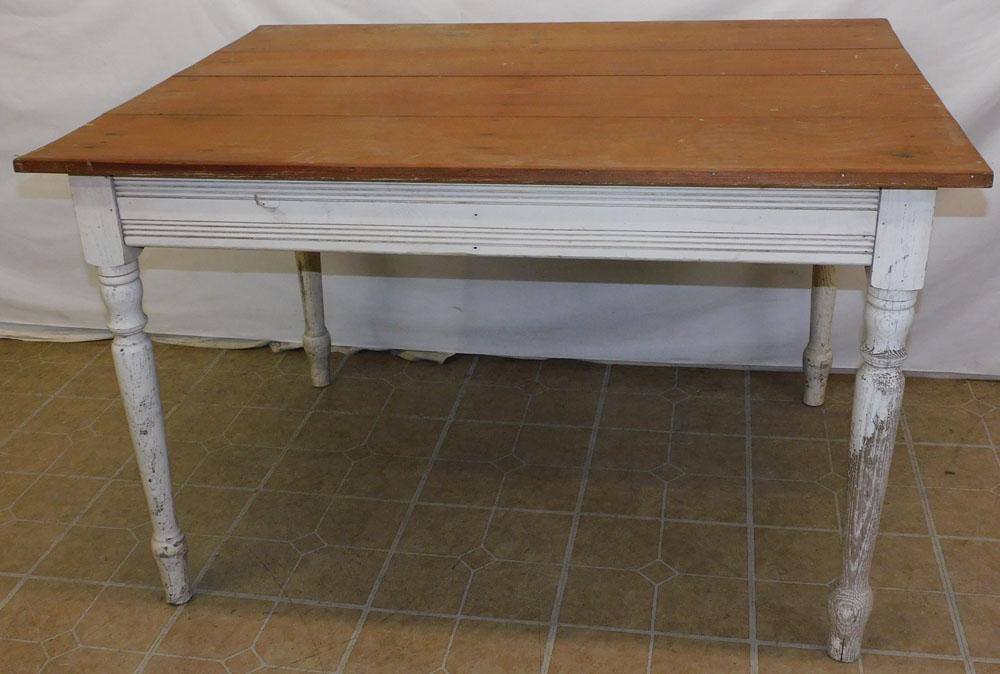Pine Farm Table: Pine Farm Table. 48 1/4" W 35 3/4" D 30 1/2" H "ALL DESCRIPTIONS AND ANY CONDITION STATEMENT GIVEN BY LANGSTON AUCTION GALLERY ARE STRICTLY OPINIONS AND LANGSTON'S SHALL HAVE NO RESPONSIBILITY FOR ERR