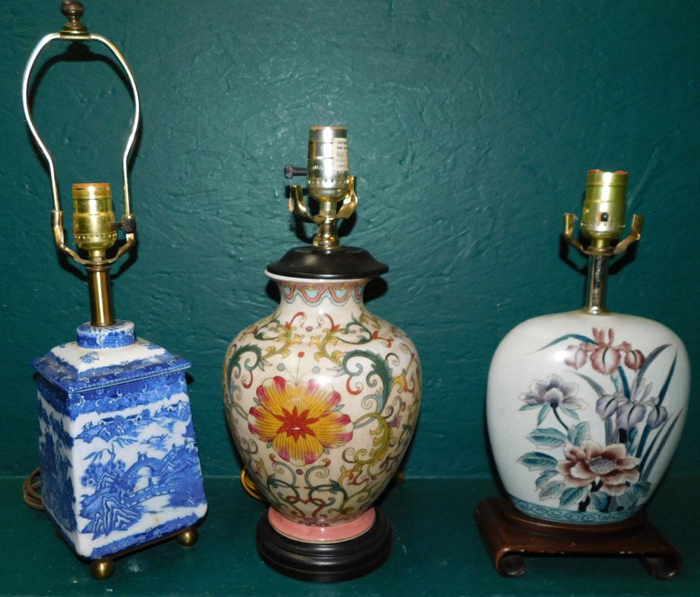 3 Oriental Porcelain Lamps: 3 Oriental Porcelain Lamps. Up to 19 1/2" H "ALL DESCRIPTIONS AND ANY CONDITION STATEMENT GIVEN BY LANGSTON AUCTION GALLERY ARE STRICTLY OPINIONS AND LANGSTON'S SHALL HAVE NO RESPONSIBILITY FOR ERRORS