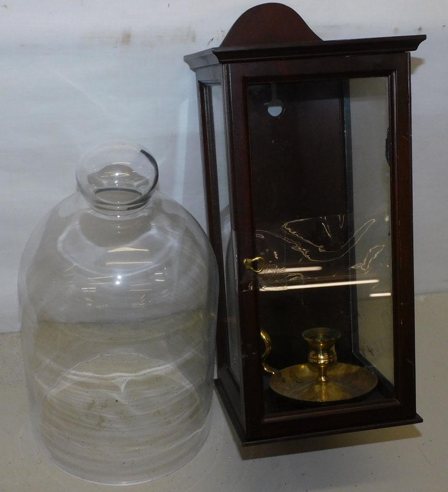 Mahogany Candle Sconce & Glass Dome: Mahogany Candle Sconce & Glass Dome. Up to 12 1/4" H "ALL DESCRIPTIONS AND ANY CONDITION STATEMENT GIVEN BY LANGSTON AUCTION GALLERY ARE STRICTLY OPINIONS AND LANGSTON'S SHALL HAVE NO RESPONSIBILITY F