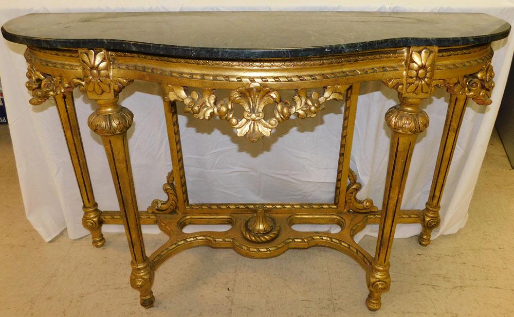 French Ornate Gilded Wood Carved And Green Marble Top Serpentine Front Console (1 of 7)