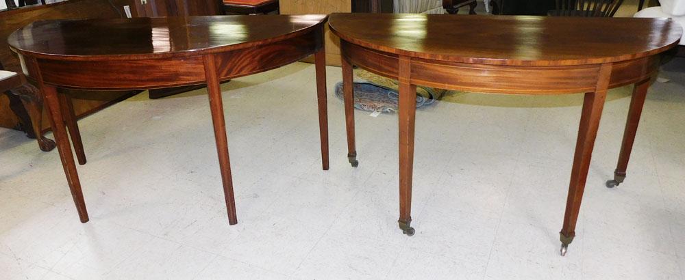 Pair of 19th Century Mahogany Consoles: Pair of 19th Century Mahogany Consoles. 52 1/2" W 25 3/4" D 29 1/4" H ALL DESCRIPTIONS AND ANY CONDITION STATEMENT GIVEN BY LANGSTON AUCTION GALLERY ARE STRICTLY OPINIONS AND LANGSTON'S SHALL HAVE NO 