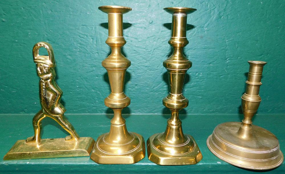 Pair of Push Up Antique Brass Candlesticks, Antique Bell Bottom Brass Candlestick, & VA (1 of 3)