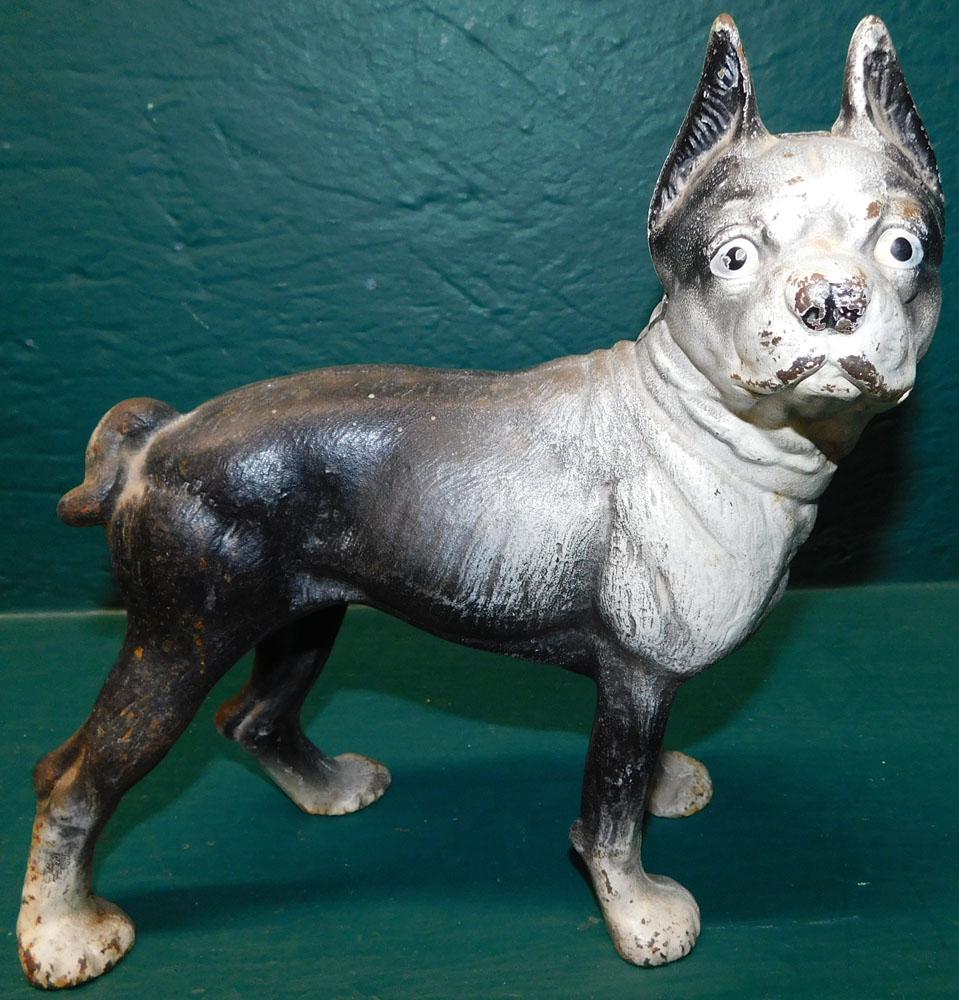 Antique Painted Cast Iron Boston Terrier Door Stop: Antique Painted Cast Iron Boston Terrier Door Stop. 9" H ALL DESCRIPTIONS AND ANY CONDITION STATEMENT GIVEN BY LANGSTON AUCTION GALLERY ARE STRICTLY OPINIONS AND LANGSTON'S SHALL HAVE NO RESPONSIBILIT