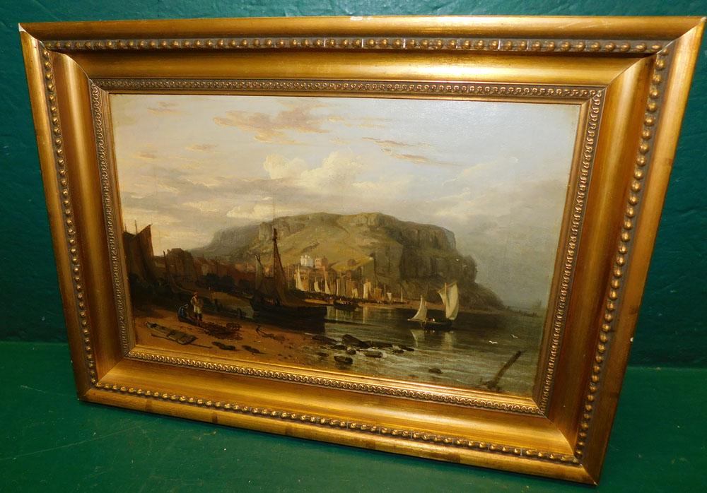 19th Century Oil on Canvas Boat Dock Scene (1 of 3)