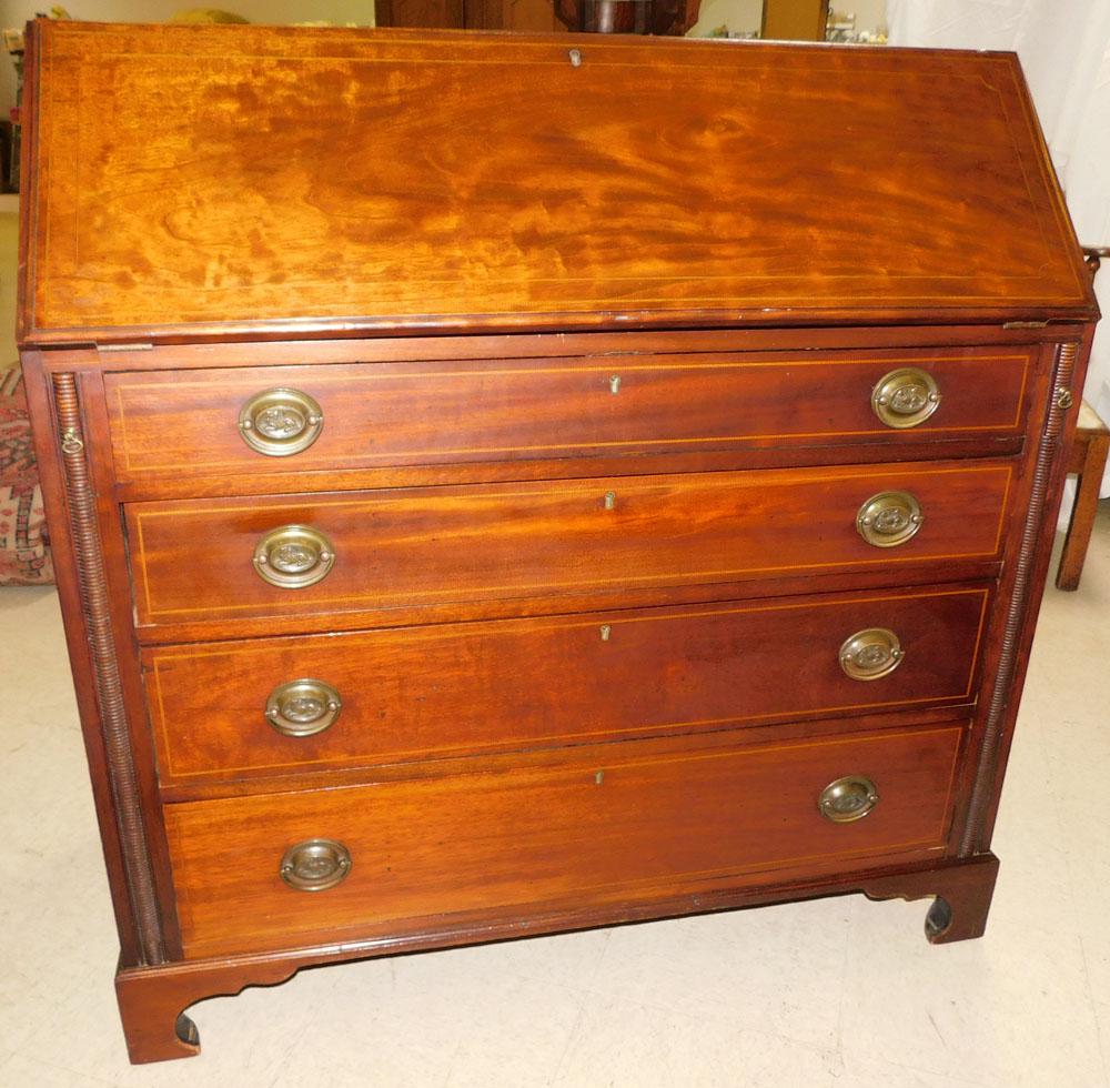 19th Century Mahogany Inlaid Slant Front Desk: 19th Century Mahogany Inlaid Slant Front Desk . 43 1/4" W 21" D 43 1/2" H ALL DESCRIPTIONS AND ANY CONDITION STATEMENT GIVEN BY LANGSTON AUCTION GALLERY ARE STRICTLY OPINIONS AND LANGSTON'S SHALL HAVE