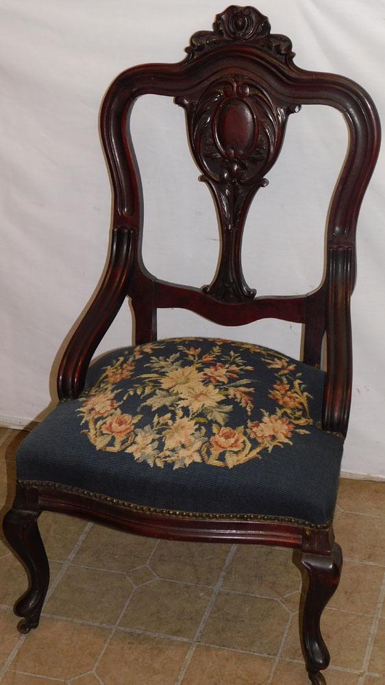 Carved Open Back Mahogany Victorian Parlor Chair with Needlepoint Seat (1 of 4)