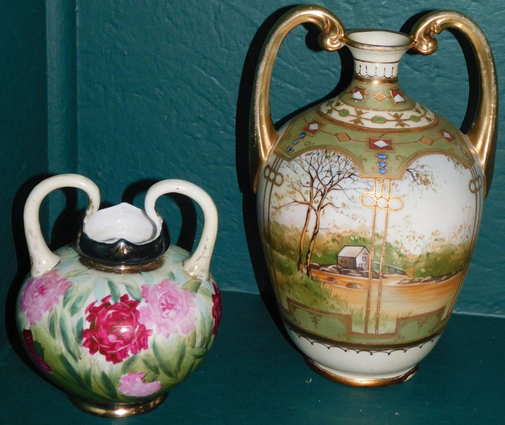 2 Antique Hand Painted Nippon Vases: 2 Antique Hand Painted Nippon Vases . 10 1/4" H ALL DESCRIPTIONS AND ANY CONDITION STATEMENT GIVEN BY LANGSTON AUCTION GALLERY ARE STRICTLY OPINIONS AND LANGSTON'S SHALL HAVE NO RESPONSIBILITY FOR ERR