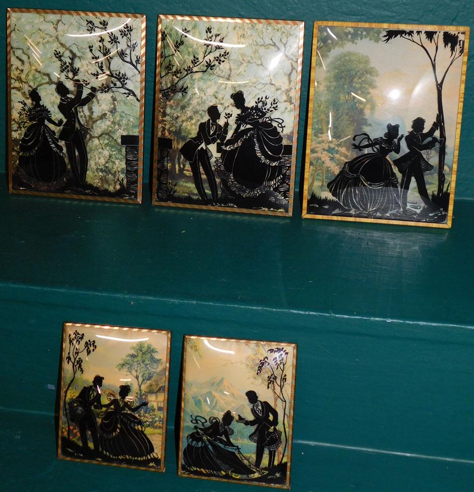 5 Early Vintage Convex Glass Reverse Painted Courting Scene Silhouettes (1 of 5)