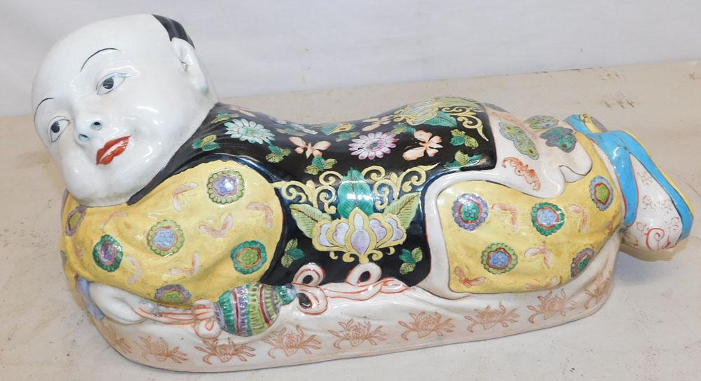 Oriental Porcelain Opium Pillow Baby: Oriental Porcelain Opium Pillow Baby. 16" W ALL DESCRIPTIONS AND ANY CONDITION STATEMENT GIVEN BY LANGSTON AUCTION GALLERY ARE STRICTLY OPINIONS AND LANGSTON'S SHALL HAVE NO RESPONSIBILITY FOR ERRORS 