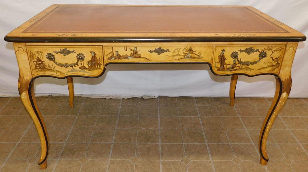 Oriental Paint Decorated Tooled Leather Top 3 Drawer Desk by Baker (1 of 12)