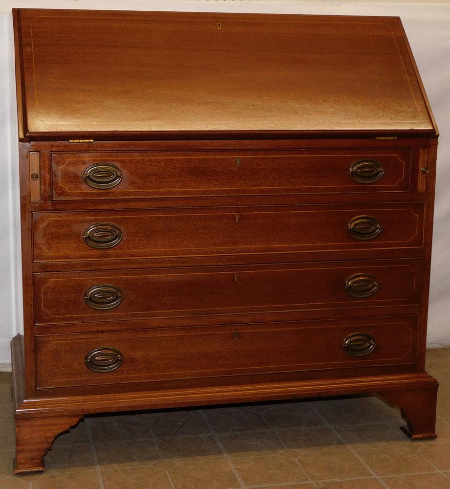 Mahogany Inlaid Slant Front Desk by Biggs: Mahogany Inlaid Slant Front Desk by Biggs . 40 1/4" W 22" D 40 3/4" H ALL DESCRIPTIONS AND ANY CONDITION STATEMENT GIVEN BY LANGSTON AUCTION GALLERY ARE STRICTLY OPINIONS AND LANGSTON'S SHALL HAVE NO 