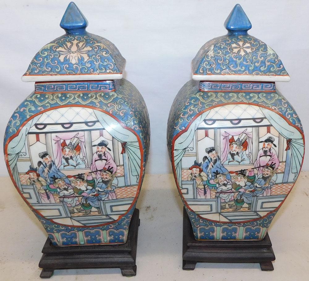 Pair of Oriental Porcelain Covered Urns on Stands (1 of 5)