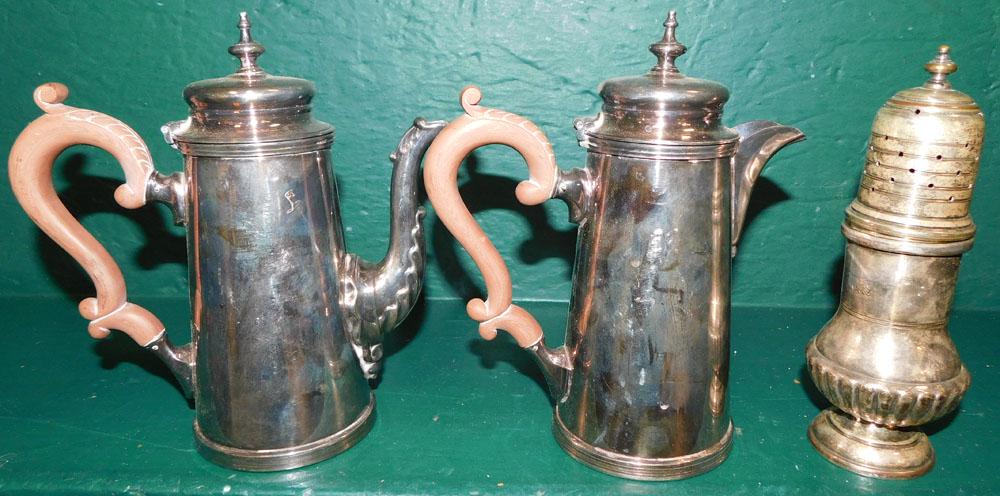 2 Sheffield Teapots & Sheffield Muffineer: 2 Sheffield Teapots & Sheffield Muffineer . 8" H ALL DESCRIPTIONS AND ANY CONDITION STATEMENT GIVEN BY LANGSTON AUCTION GALLERY ARE STRICTLY OPINIONS AND LANGSTON'S SHALL HAVE NO RESPONSIBILITY FOR ER
