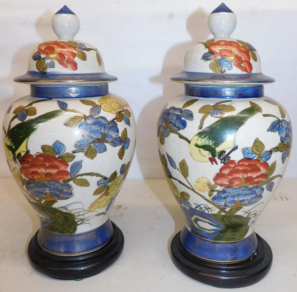 Pair of Crackle Finish Oriental Covered Urns on Stands (1 of 5)