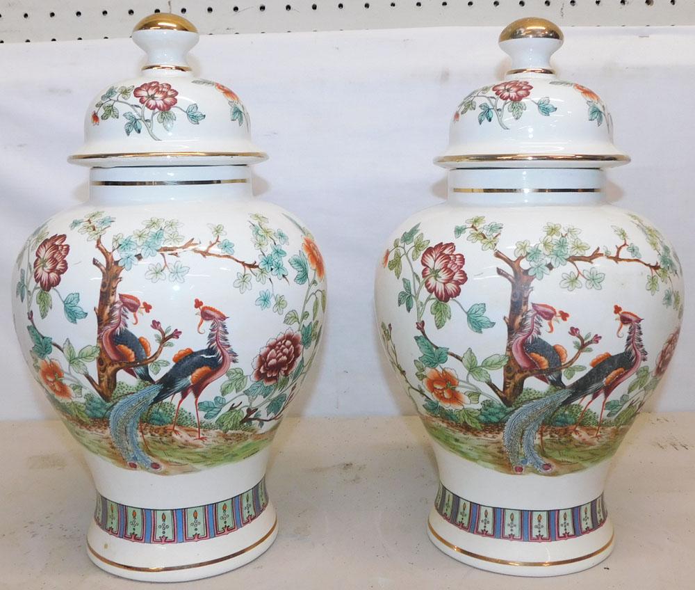 Pair of Paint Decorated Oriental Porcelain Covered Urns (1 of 8)
