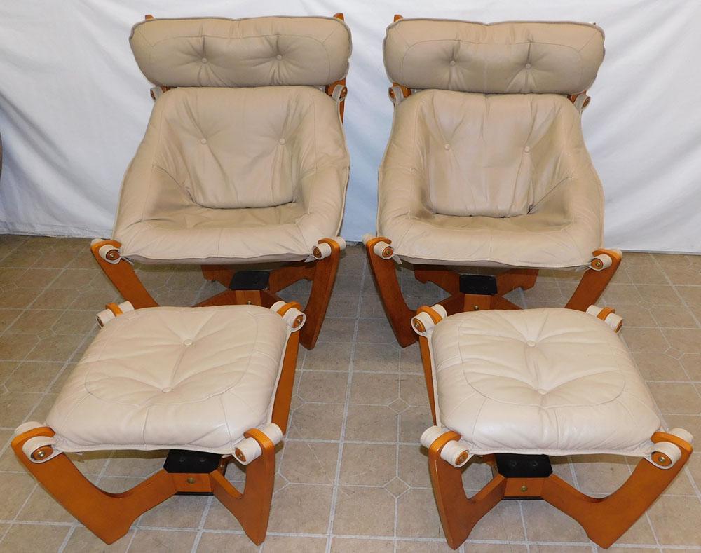 Pair of Leather & Laminated Wood Mid Century Modern Chairs & Ottomans (1 of 7)