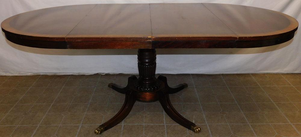 Mahogany & Satin Wood Banded Top One Pedestal Dining Table With Two Leaves (1 of 6)