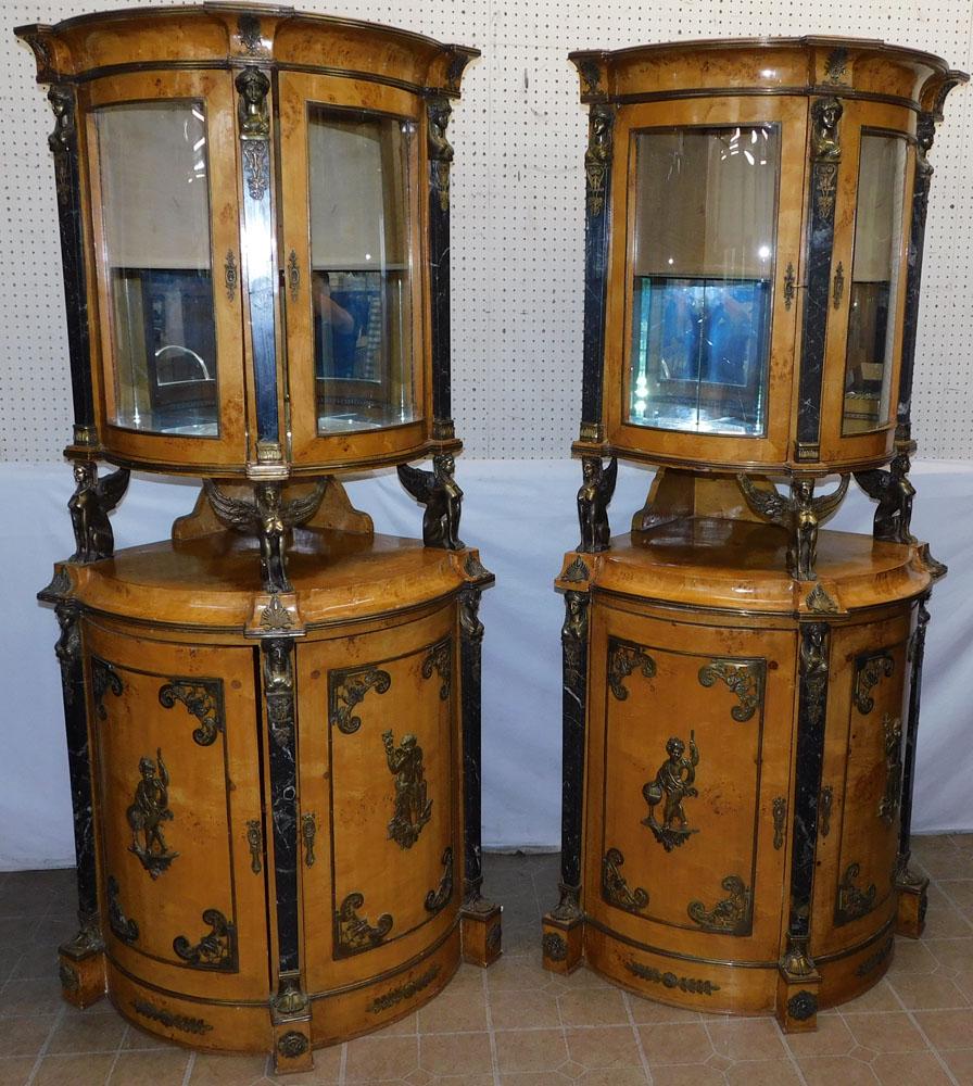 Pair Burl Walnut Bronze Marble Accents Two Part Glass Door Corner Cabinets (1 of 15)